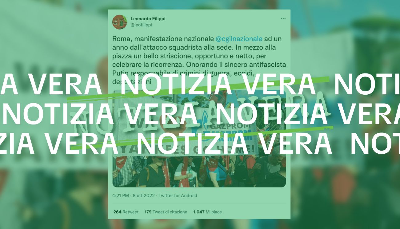 Lo striscione pro-Gazprom è realmente comparso alla manifestazione Cgil, ma è stato rimosso dagli organizzatori