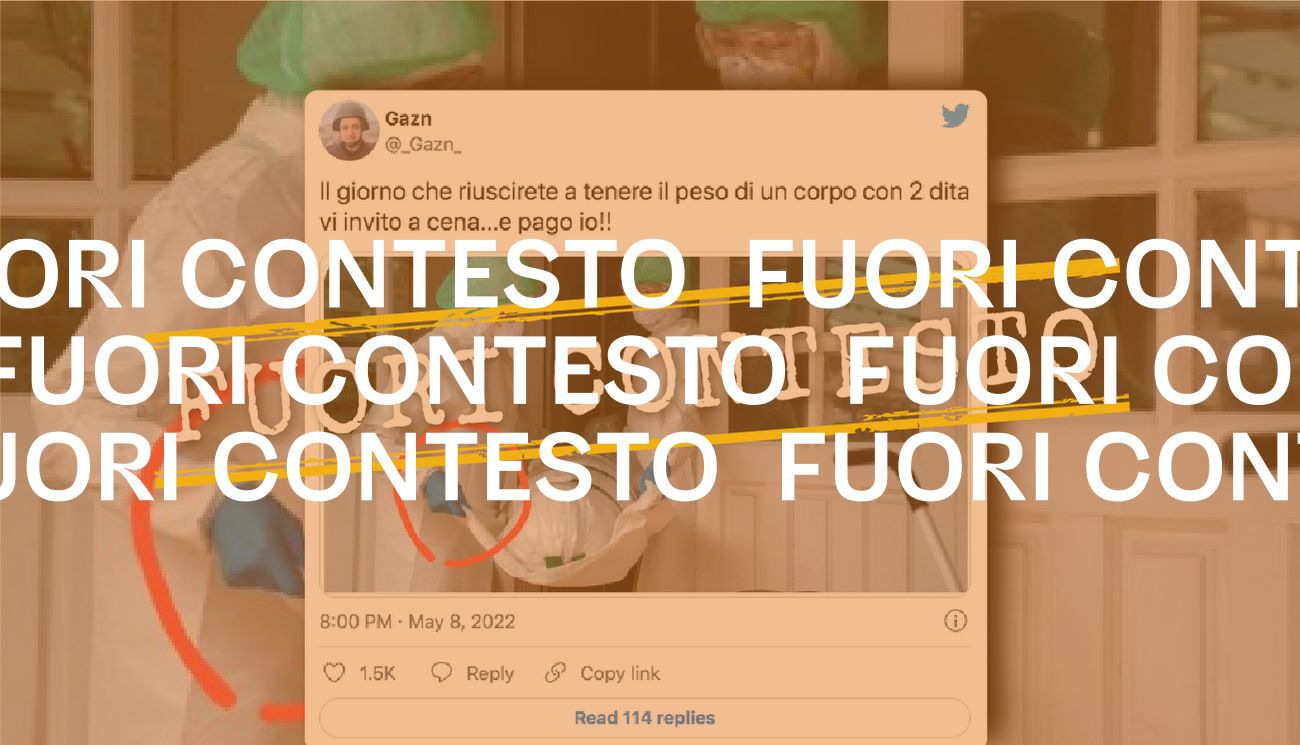 La foto del paramedico che sostiene un corpo «con due dita» non è una messinscena, ma un’immagine di stock